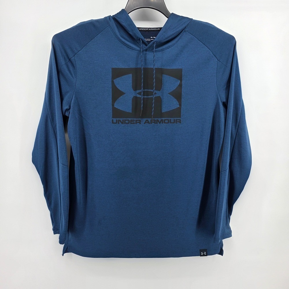 Under Armour Mens XL Blue Long Sleeve Graphic Logo Hooded Shirt Fitted Active